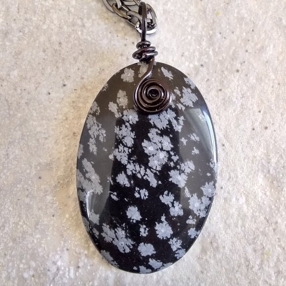 Snowflake Obsidian Stone Medallion Necklace & 24" Gunmetal Black Chain ~ Unisex - Picture 6 of 11